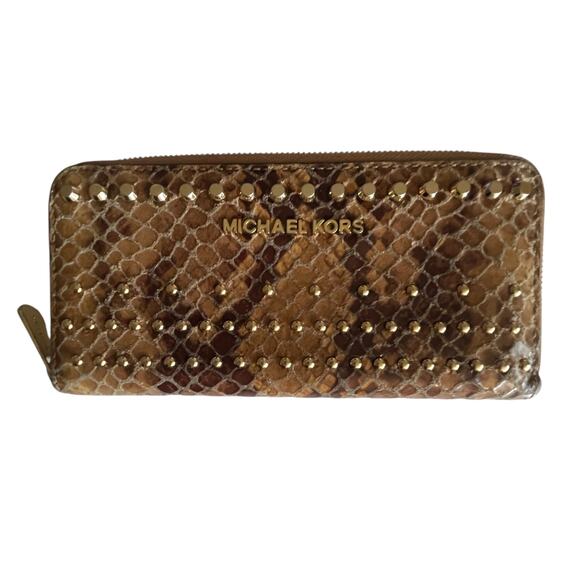 Michael Kors Studded Snakeskin Zip Around Wallet Womens Tan Gold - Picture 1 of 7